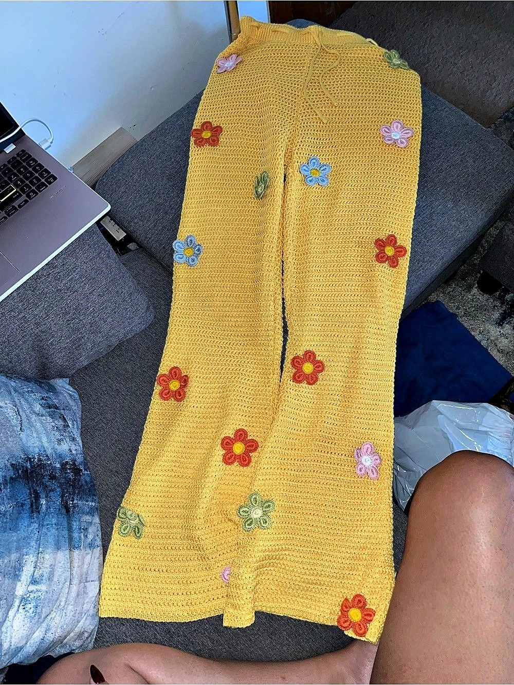 Floral Crochet Wide Leg Pants in Yellow